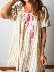 Multicolour Floral Print Contrast Ribbon Bow Lace Trim Square Neck Mini Dress - Miniatuur