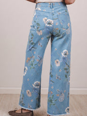 Sky Blue Retro Floral Print Frayed Hem Shift Jeans - Miniatuur