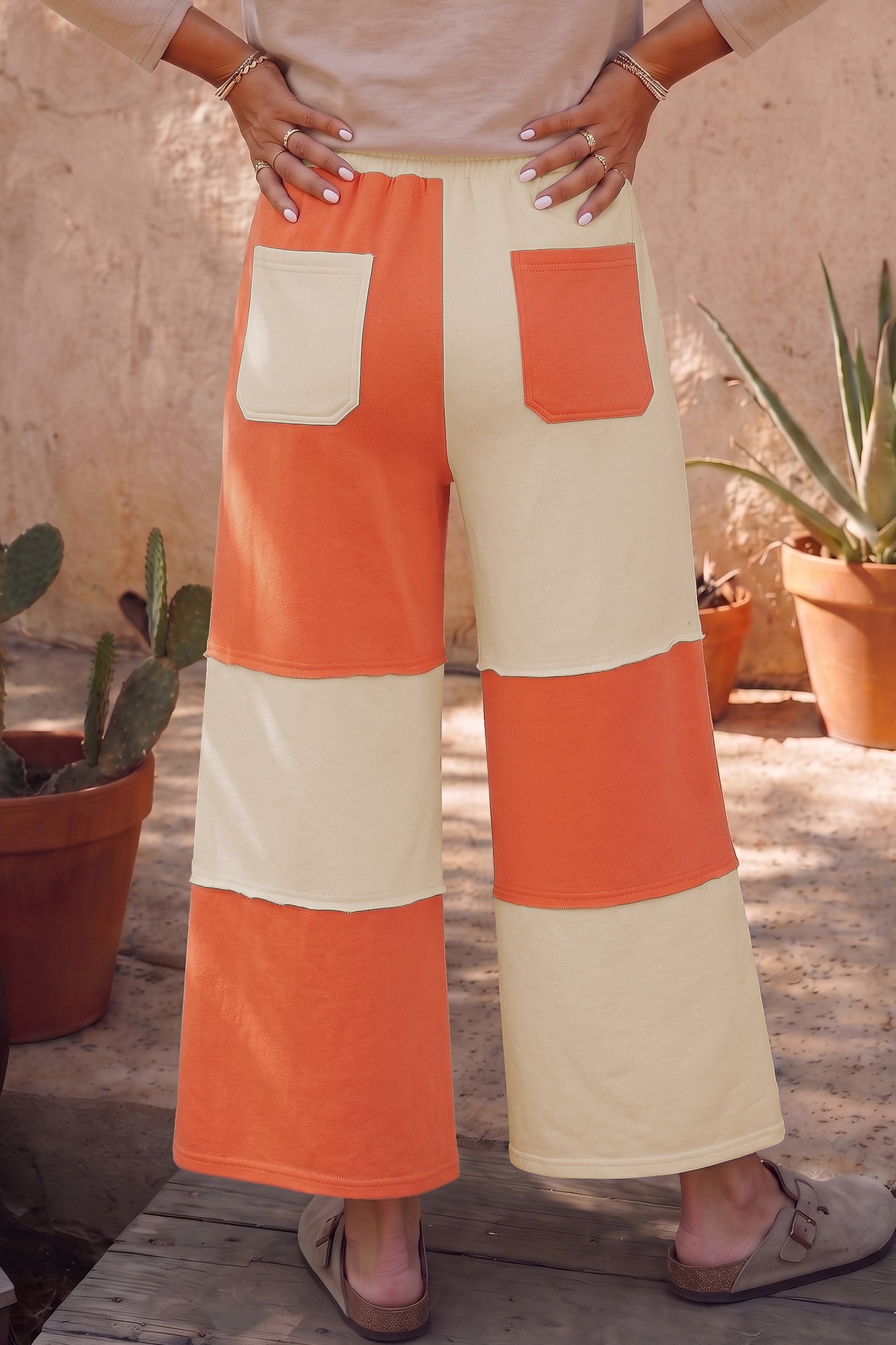 Colorblock a cucitura cruda rosso fuoco Pantaloni casual lunghi gamba larga lunghezza caviglia