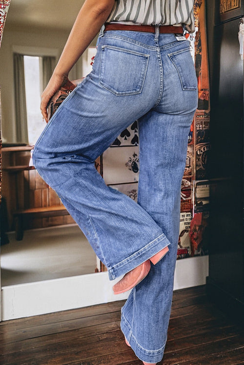 Beau Blue Tailored Center Seam Detail Straight Loose High Rise Jeans - Damesmode Afbeelding 2