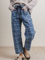 Sky Blue Plaid Denim Grommet Drawstring Waist Ankle-Length Jeans - Miniatuur