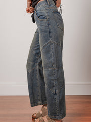 Sail Blue freiliegende Nähte, locker, gerade, hoch taille Barrel Jeans - Miniatuur