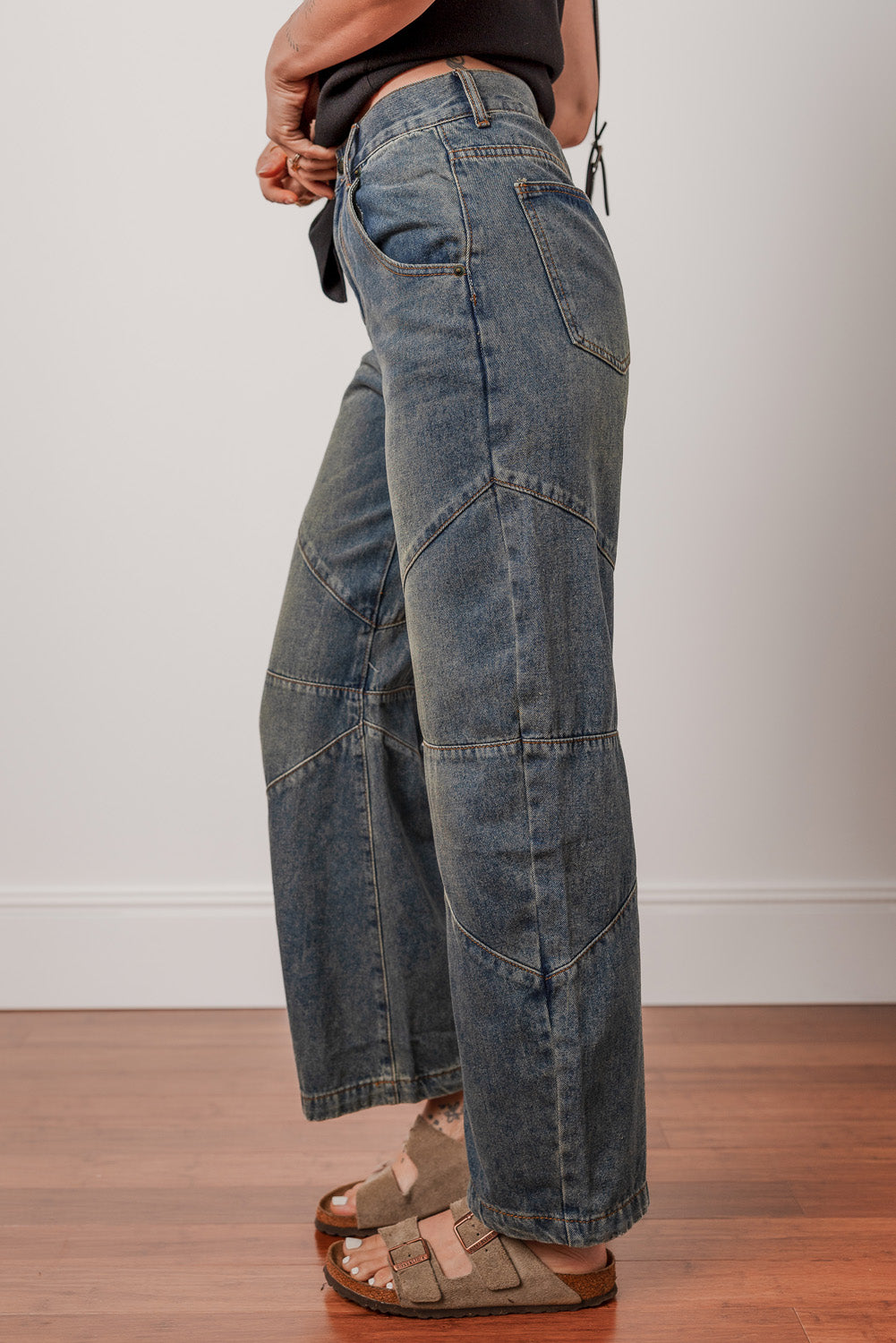 Sail Blue Exposed Stitching Løse, lige Jeans med høj talje