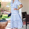 Sky Blue Stripe Ricrac Trim Notched Neck Half Sleeve Vacation Dress - Foto 3
