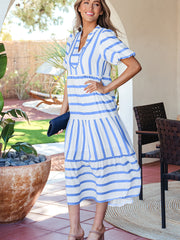 Sky Blue Stripe Ricrac Trim Notched Neck Half Sleeve Vacation Dress - Miniatuur