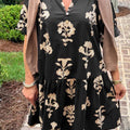 Black Frilled V Neck Puff Short Sleeve Floral Mini Dress - Damesmode Afbeelding 3 - Foto 3