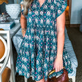 Blue Retro Floral Print Split Neck Ruffle Short Sleeve Dress - Damesmode Afbeelding 6 - Foto 6