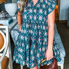 Blaues Retro-Floralmuster Kurzärmelkleid mit Split Neck-Rüschen – Damesmode Afbeelding 6 - Thumbnail