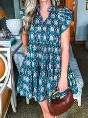 Blo Retro Blummenprint Split Neck Rüschen Kuerzärmelkleed - Damesmode Afbeelding 6 - Miniatuur