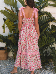 Pinkes Blumenkleid mit Spitzenband und Empire-Taillen-Maxi-Kleidung - Miniatuur