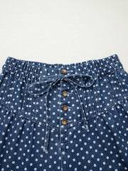 Sky Blue Polka Dot Print Button Pleated Detail Wide Leg Jeans - Miniatuur