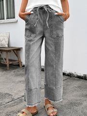 Beau Blue Drawstring Seam Detail Raw Hem Wide Leg Denim Pants - Damesmode Afbeelding 7 - Miniatuur