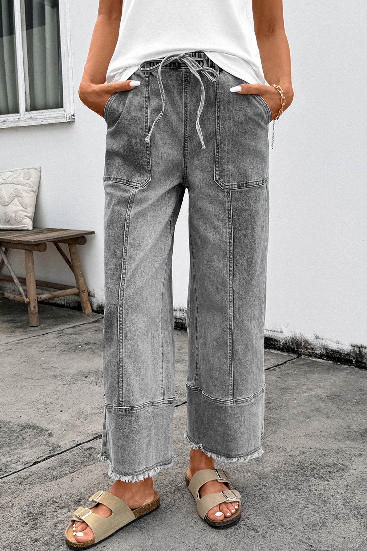Beau Blue Drawstring Seam Detail Raw Hem Wide Leg Denim Pants - Damesmode Afbeelding 7