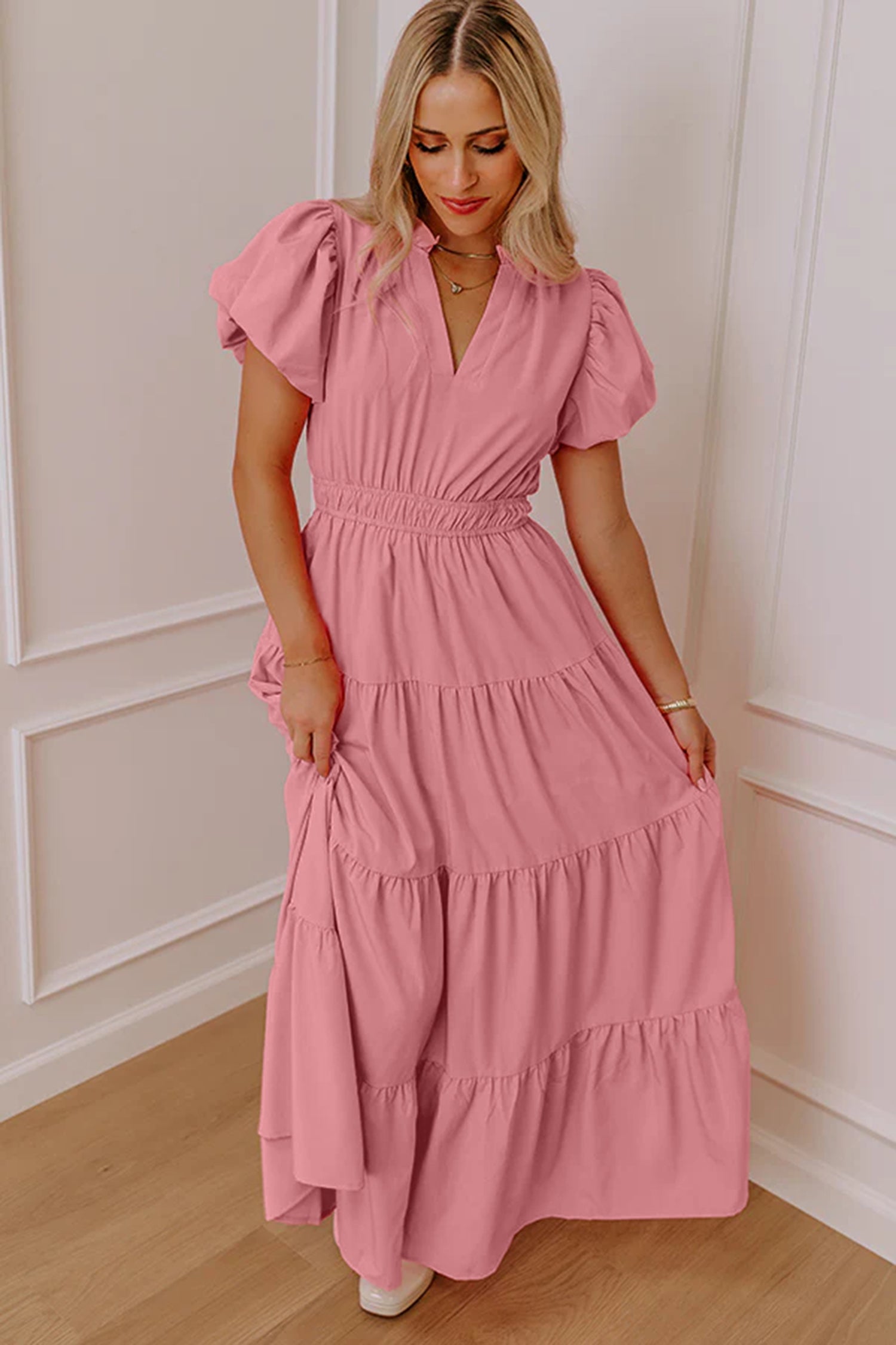 Bright Green Solid Color V Neck Short Puff Sleeve High Waist Tiered Maxi Dress - Damesmode Afbeelding 6