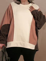 Brauner Farbblock mit freiliegender Naht Plus-Size-Hoodie – Damesmode Afbeelding 8 - Miniatuur