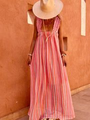 Pink Stripe Ruffled Straps Ribbon Knot Flowy Vacation Maxi Dress - Miniatuur