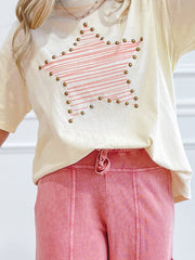 Beige Star Print Stud Detail Cotton Jersey Top - Damesmode Afbeelding 1 - Miniatuur