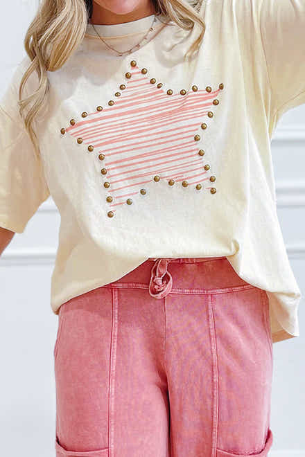 Beige Star Print Stud Detail Cotton Jersey Top - Damesmode Afbeelding 1
