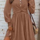 Dark Grey Shirred Cuff Long Sleeve Button Round Neck Mini Dress - Thumbnail