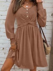 Dark Grey Shirred Cuff Long Sleeve Button Round Neck Mini Dress - Miniatuur