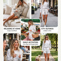 Beige Maple Camo Print Pullover Top and Elastic Waist Casual Short Set - Damesmode Afbeelding 4 - Foto 4
