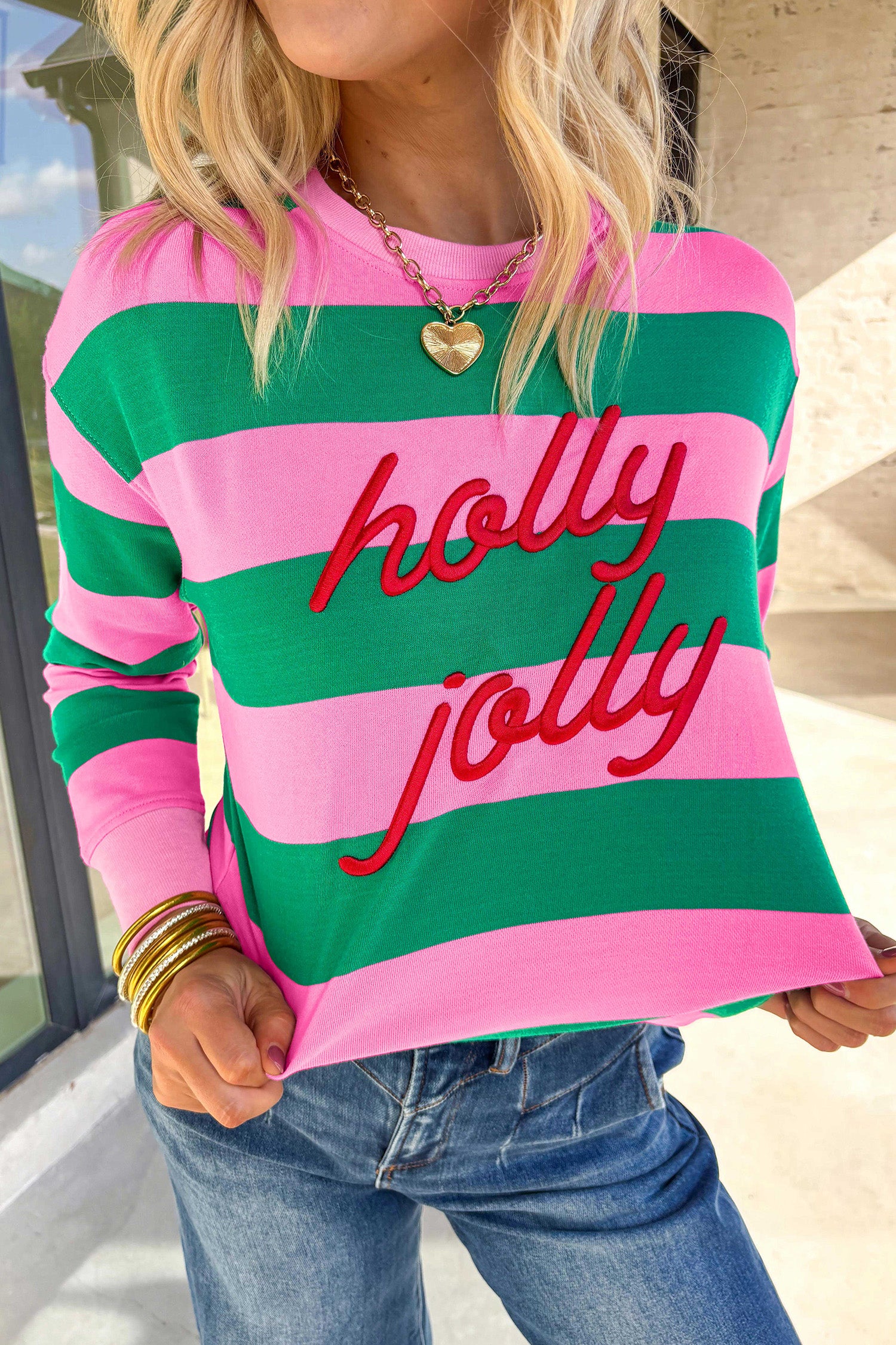 Sweat-shirt à pull brodé à rayures vertes à rayures huux jolly