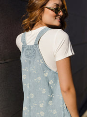 Sky Blue Retro Wash Denim Floral Print Overall Mini Dress - Miniatuur