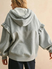 Gray Contrast Rope Drawstring Ruffle Trim Drop Shoulder Baggy Hoodie - Miniatuur