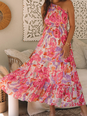 Robe Maxi à une épaule à motif fleural abstrait rose à motifs brillants - Miniatuur