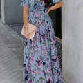 Sky Blue Fiery Floral Print Frilled V Neck Short Sleeve Maxi Dress - Foto 1