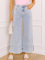 Beau Blue Mid Rise Pearl Embellished Split Wide Leg Jeans - Damesmode Afbeelding 1 - Miniatuur
