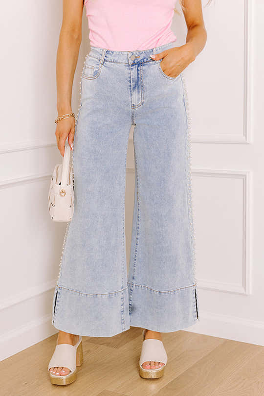Beau Blue Mid Rise Pearl Embellished Split Wide Leg Jeans - Damesmode Afbeelding 1