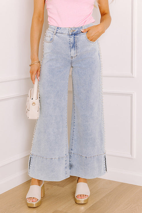 Beau Blue Mid Rise Pearl Embellished Split Wide Leg Jeans - Damesmode Afbeelding 1