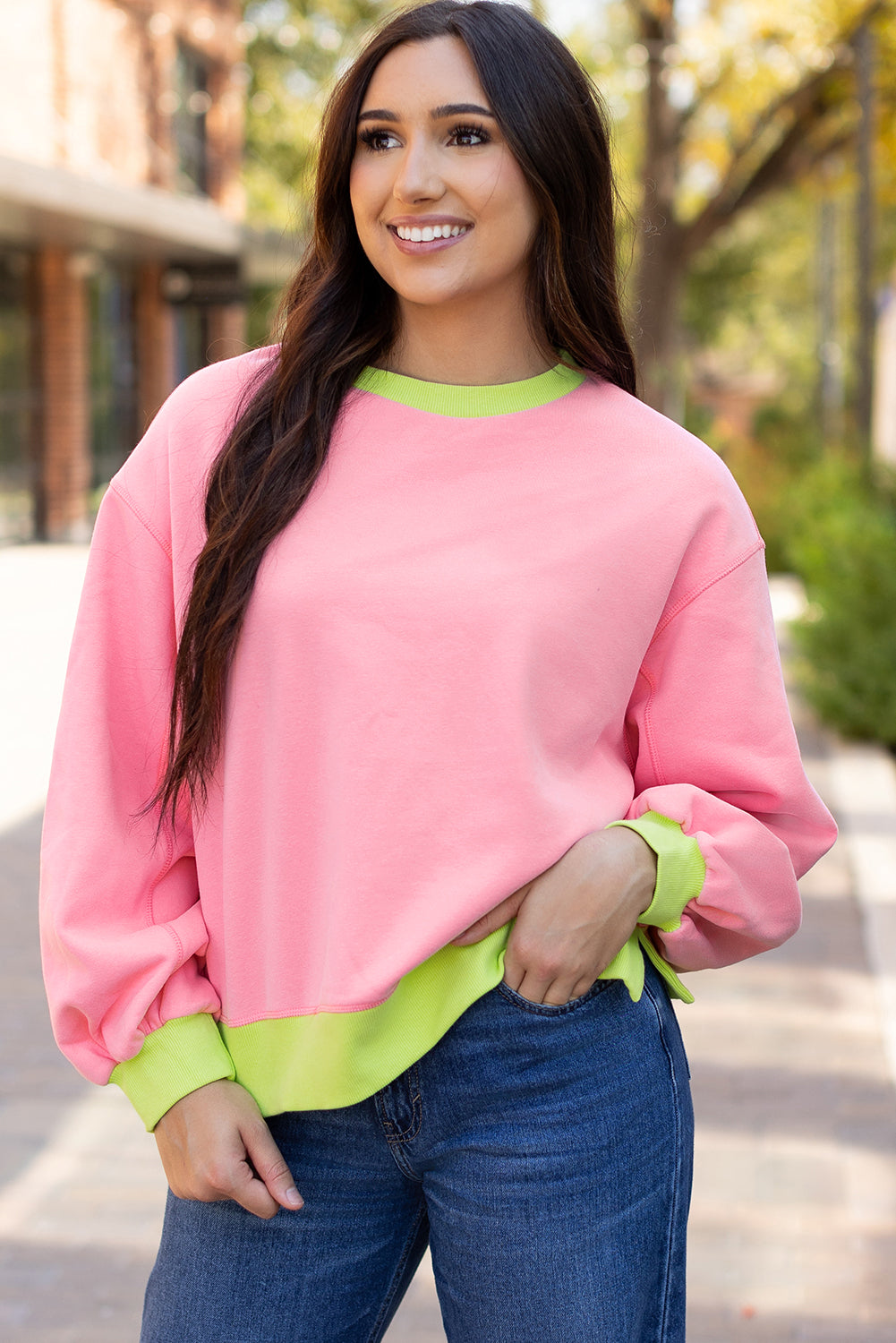Blue Colorblock Bubble Sleeve Sweatshirt - Damesmode Afbeelding 4