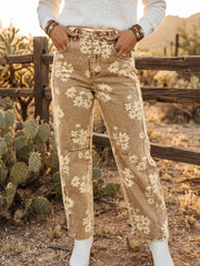 Khaki Floral Print Metal Button Pleated Straight Leg Jeans - Miniatuur