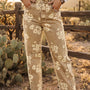 Khaki Floral Print Metal Button Pleated Straight Leg Jeans