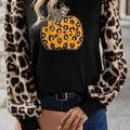 Khaki Leopard Sleeve Pumpkin Print Graphic Knit Top - Foto 3