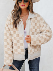 Khaki Checker Sherpa Corduroy Patchwork Lynlåsjakke med krave - Miniatuur