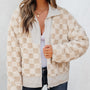 Khaki Checker Sherpa Corduroy Patchwork Lynlåsjakke med krave