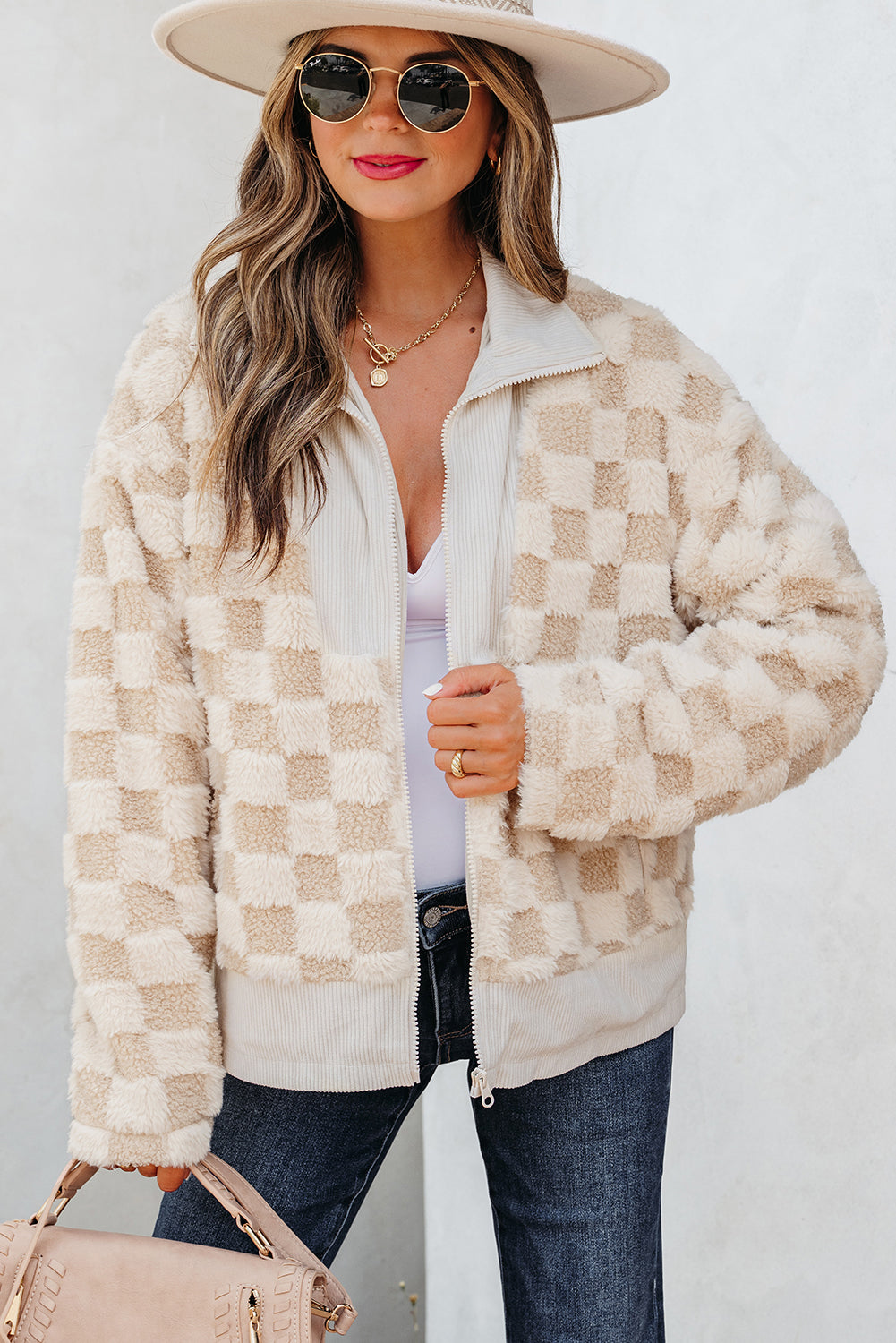 Khaki Checker Sherpa Corduroy Patchwork Lynlåsjakke med krave