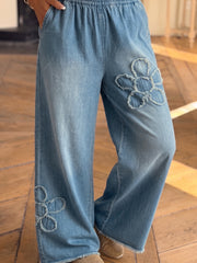 Jeans Beau Blue Floral Desfiados Perna Larga Bainha Crua - Damesmode Afbeelding 1 - Miniatuur