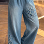 Beau Blauw Gebloemde Patch Desfiado Perna Larga Bainha Crua Jeans de Perna Larga