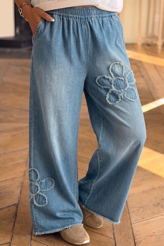 Jeans Beau Blue Floral Desfiados Perna Larga Bainha Crua - Damesmode Afbeelding 1