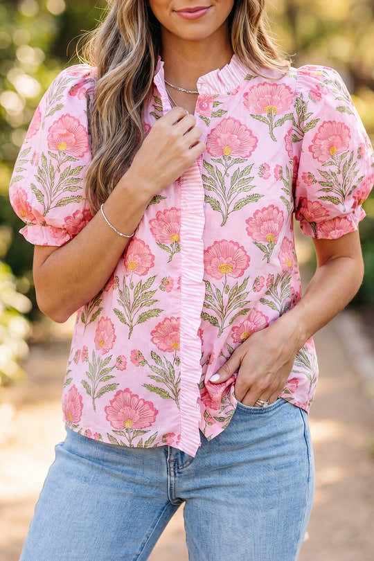 Chemise à manches bouffantes rayées rose Sweet Blooms
