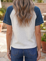 White Textured Color Block Denim Patchwork Polo Collar Tee - Miniatuur