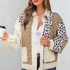 Khaki Leopard Waffel Gesteppte Patchwork Knäpp Front Jackett - Thumbnail