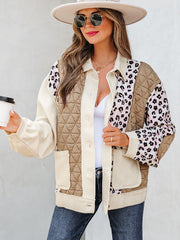 Khaki Leopard Waffle Quilted Patchwork Button Front Jacket - Miniatuur
