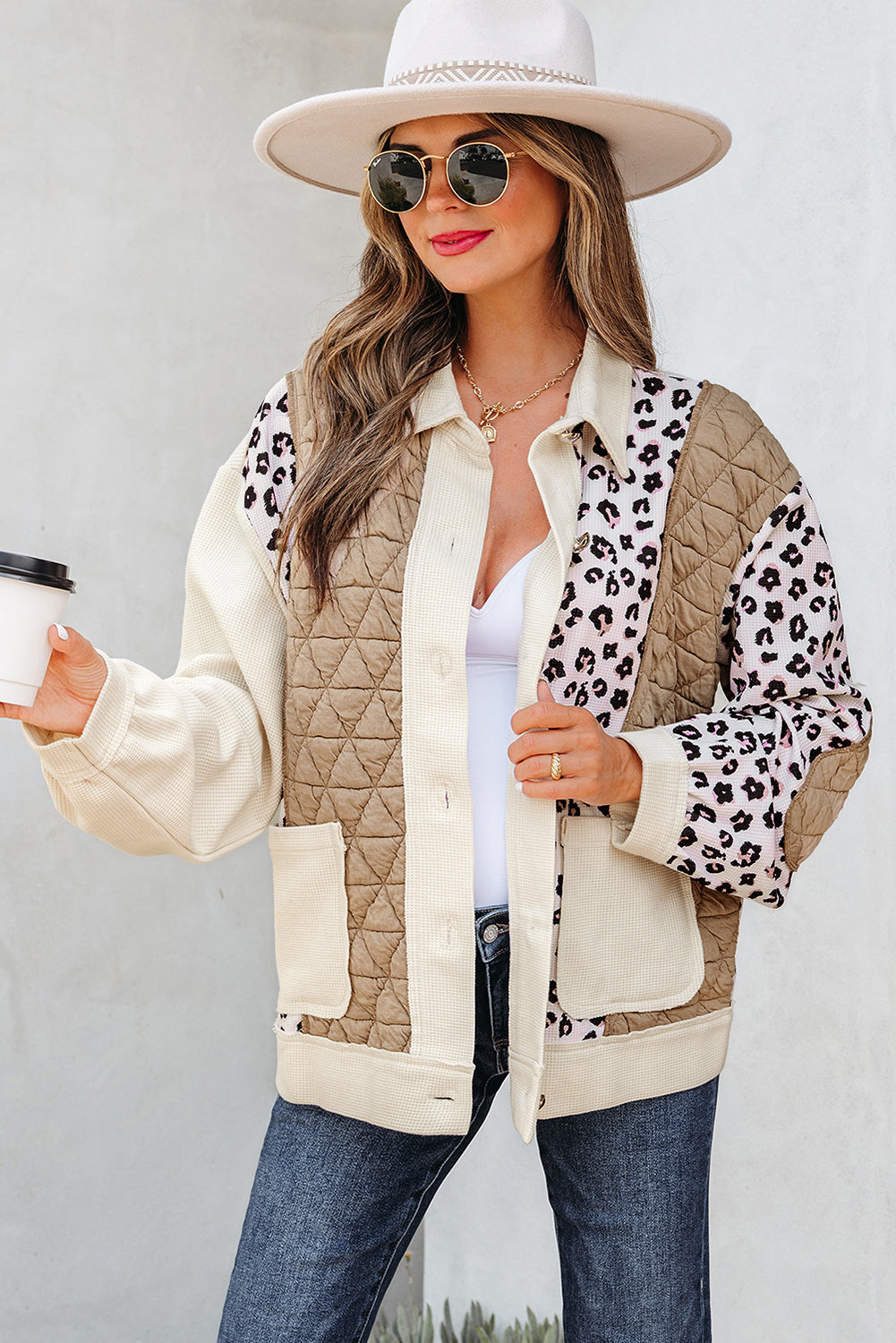 Veste à boutons en patchwork patchwork en gaufre léopard kaki