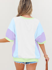 T-shirt oversize à demi-manches en patchwork à blocs de couleur violet - Miniatuur