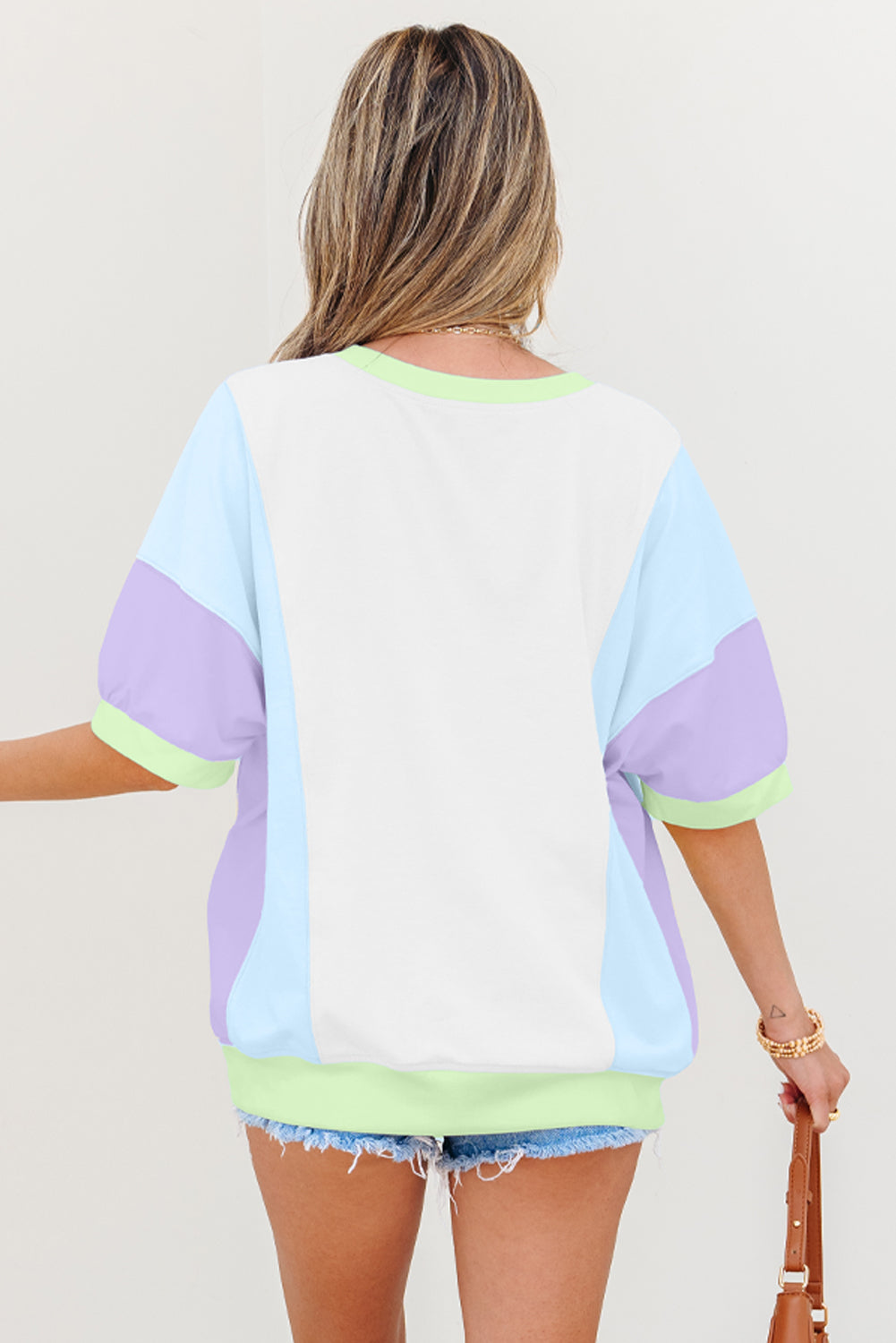 T-shirt oversize à demi-manches en patchwork à blocs de couleur violet